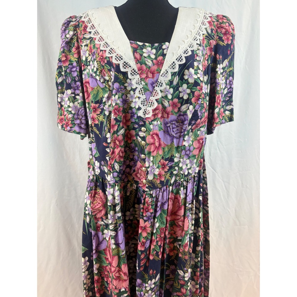 Sweet Reason Vintage Floral Midi Dress Lace Collar Pearl Buttons Navy Plus 22W - Picture 5 of 16
